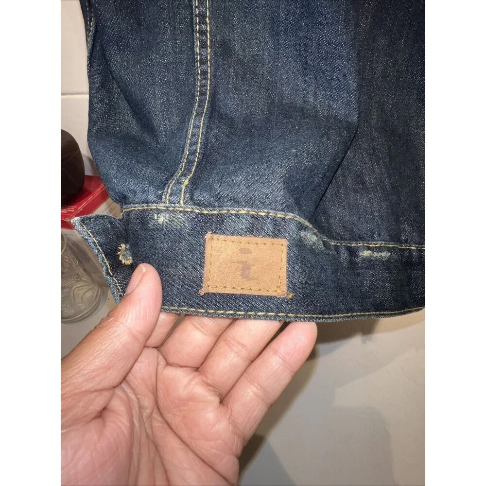 i LINK Dark Wash Distressed Button Down Denim Jean Vest Large‎ Y2K